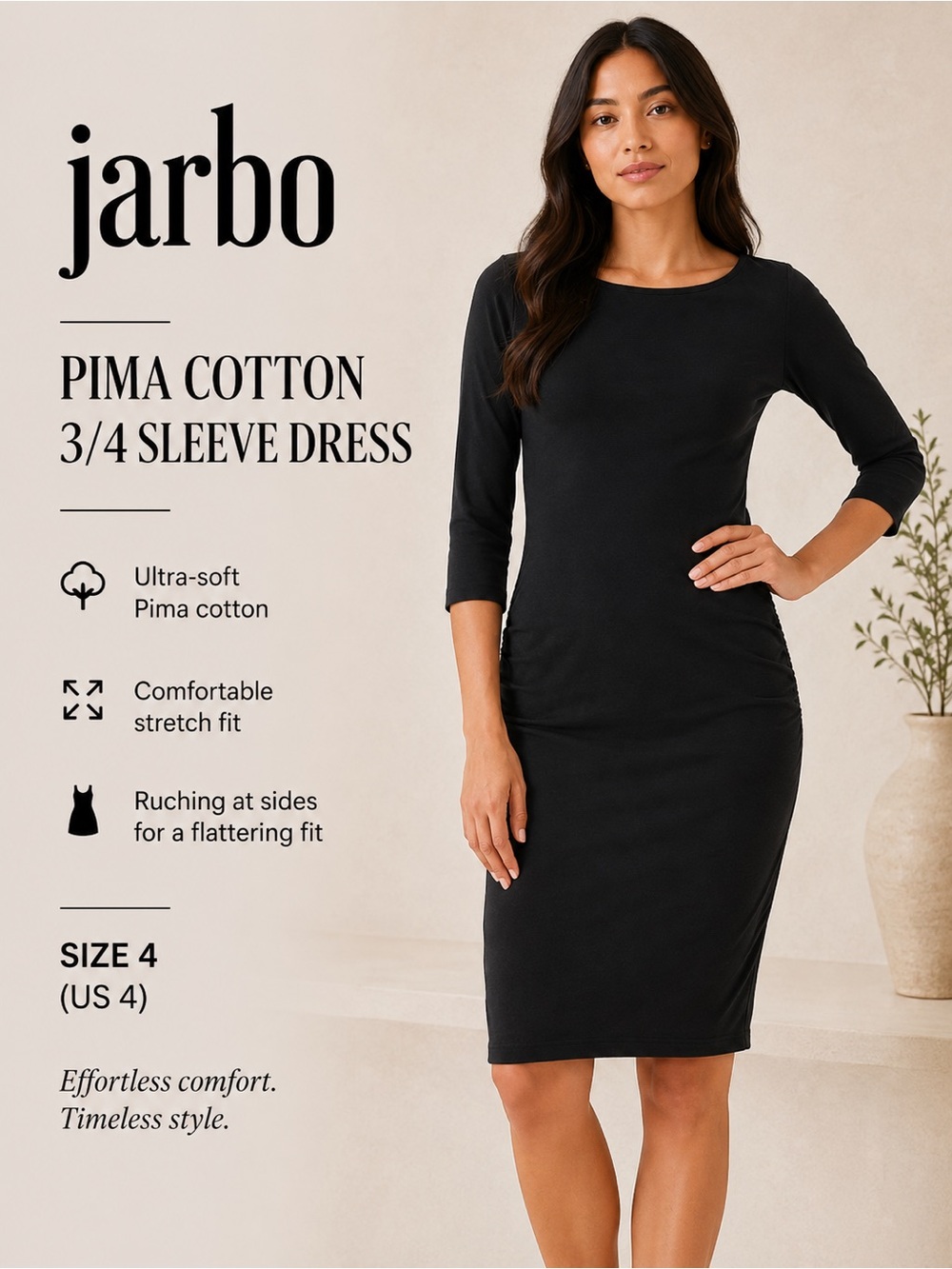 Jarbo Pima Cotton 3/4 Sleeve Midi Dress - Black